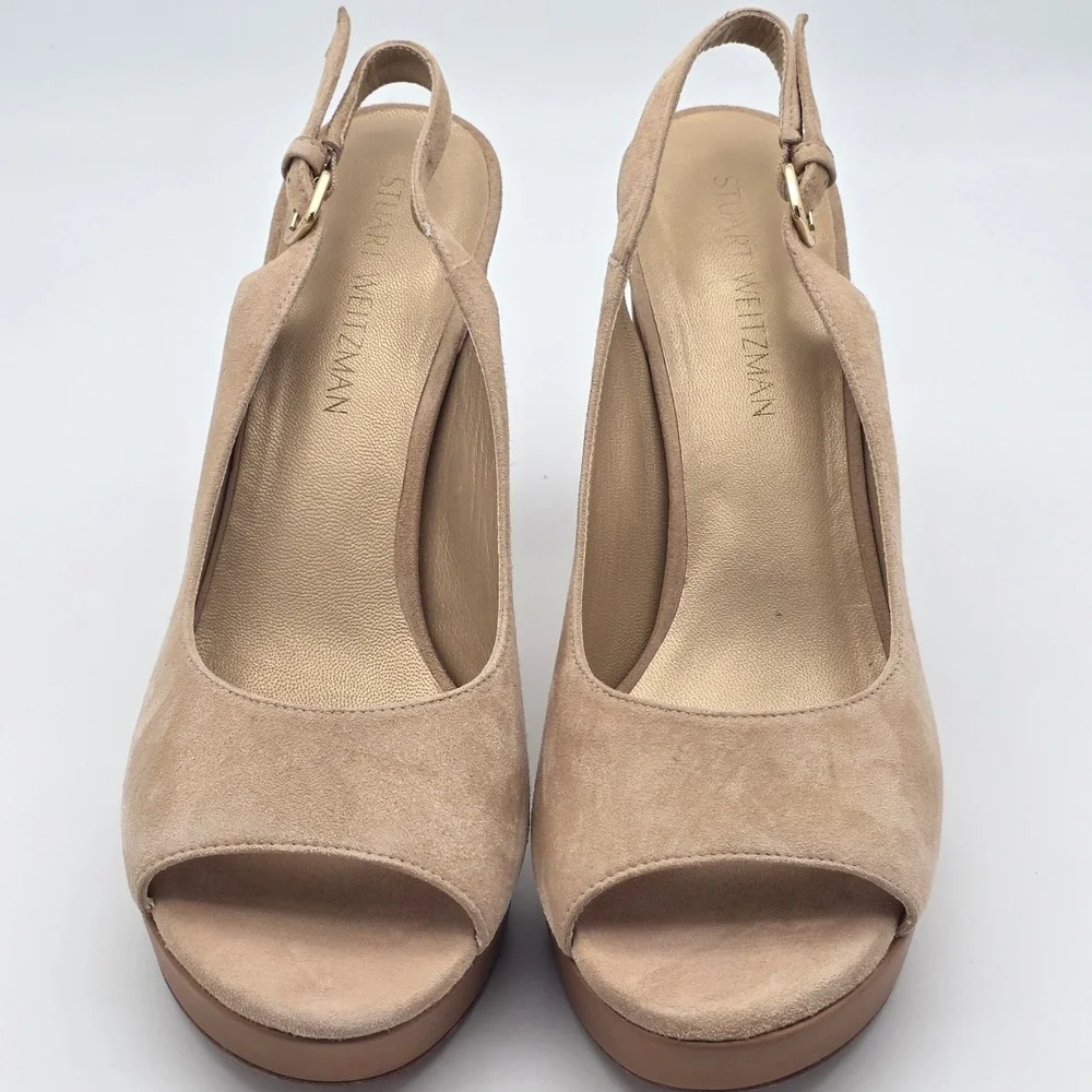 Stuart Weitzman Slingshot Block Heels Women 10 Tan Suede Platform‎ Wedding Guest